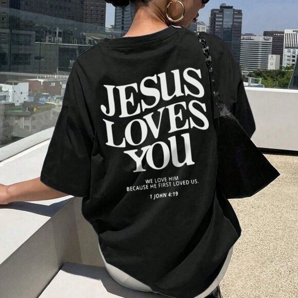 Black Casual Womens Jesus loves you Round Neck Short Sleeved Graphic tshirt - Picture 1 of 5